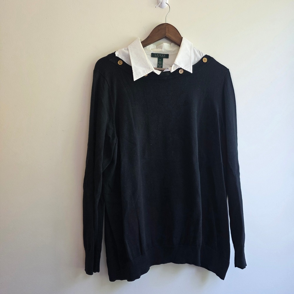 Lauren Ralph Lauren Black Layered Look Sweater White Collar Gold Buttons 2X